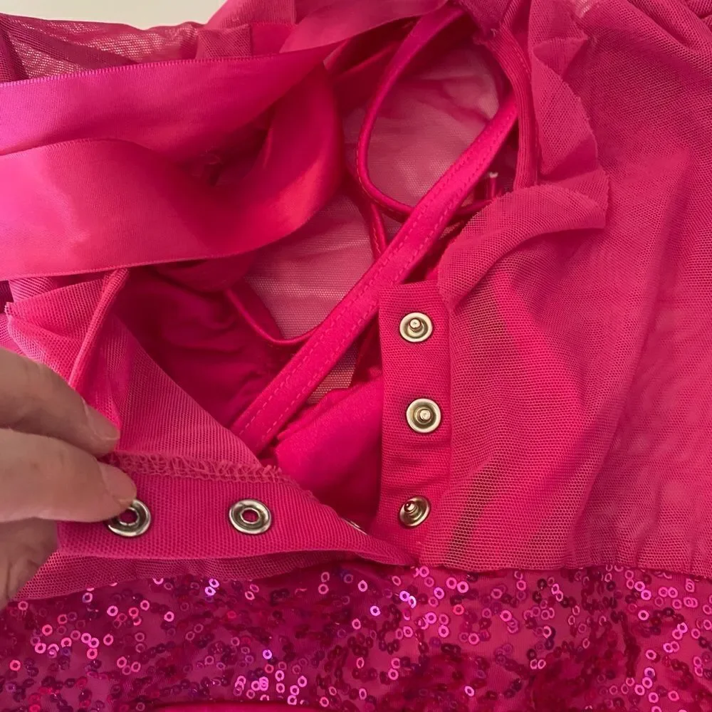 Kelle solo dance costume hot pink 2 piece leotard halter long sleeve mesh MC